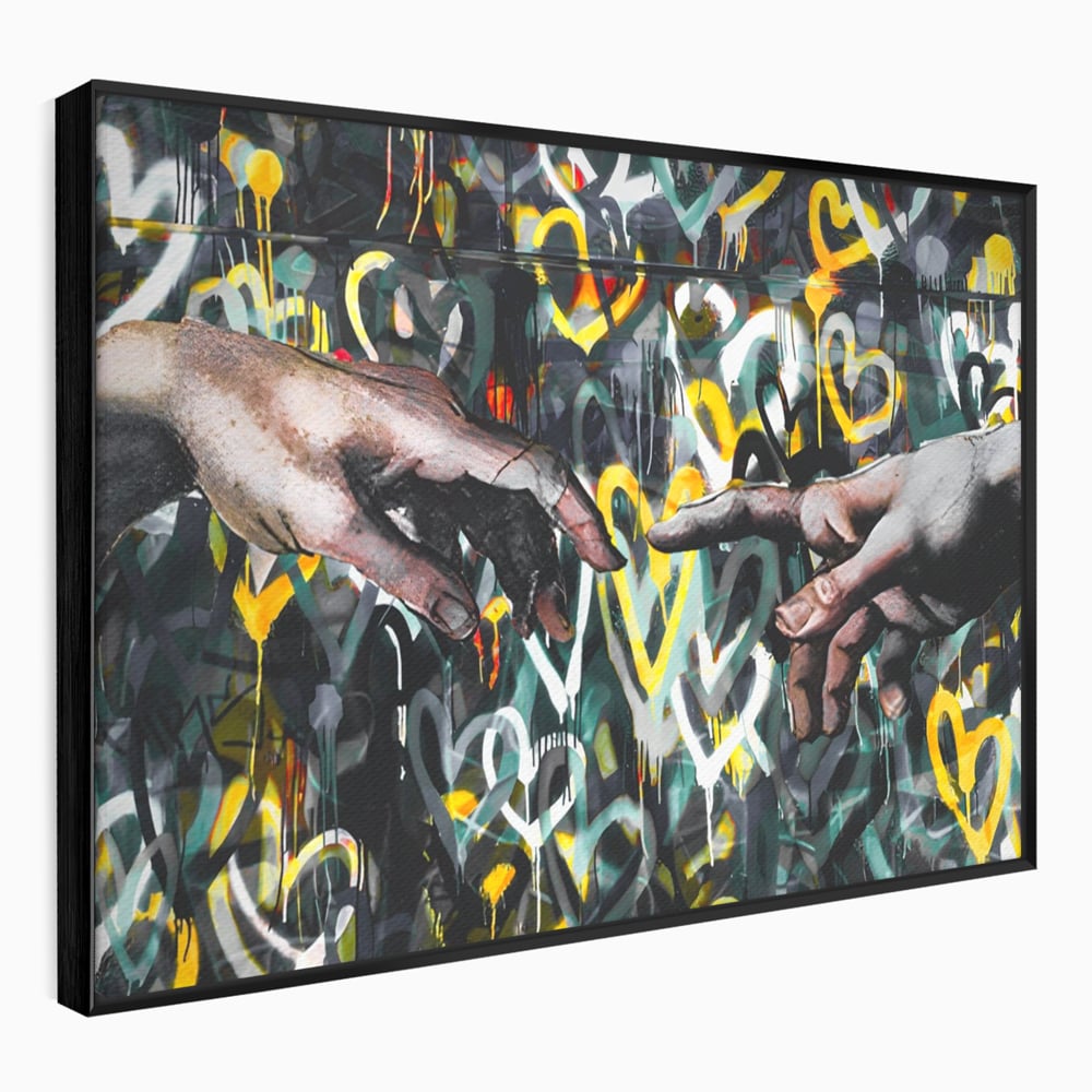 Tablou canvas cu tablou canvas cu maini si inimi, in rama de aluminiu negru